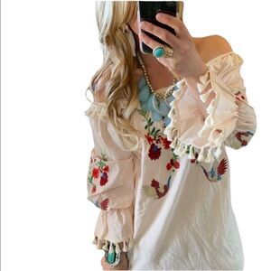 BOHO floral tassel trim dress size S off the shoulder NWOT spring festival